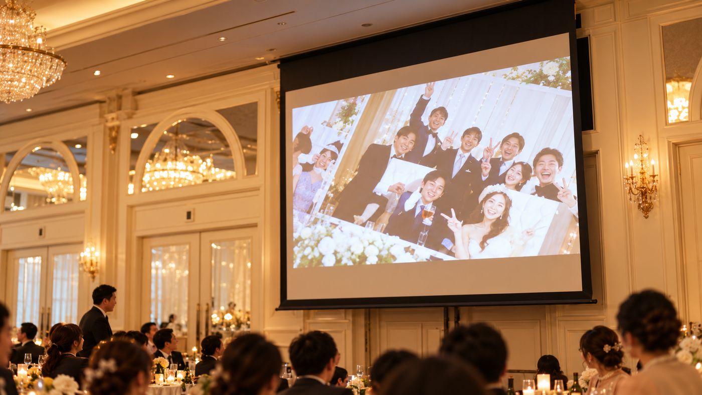 披露宴会場の大きなスクリーンにゲストの写真が映し出されている様子